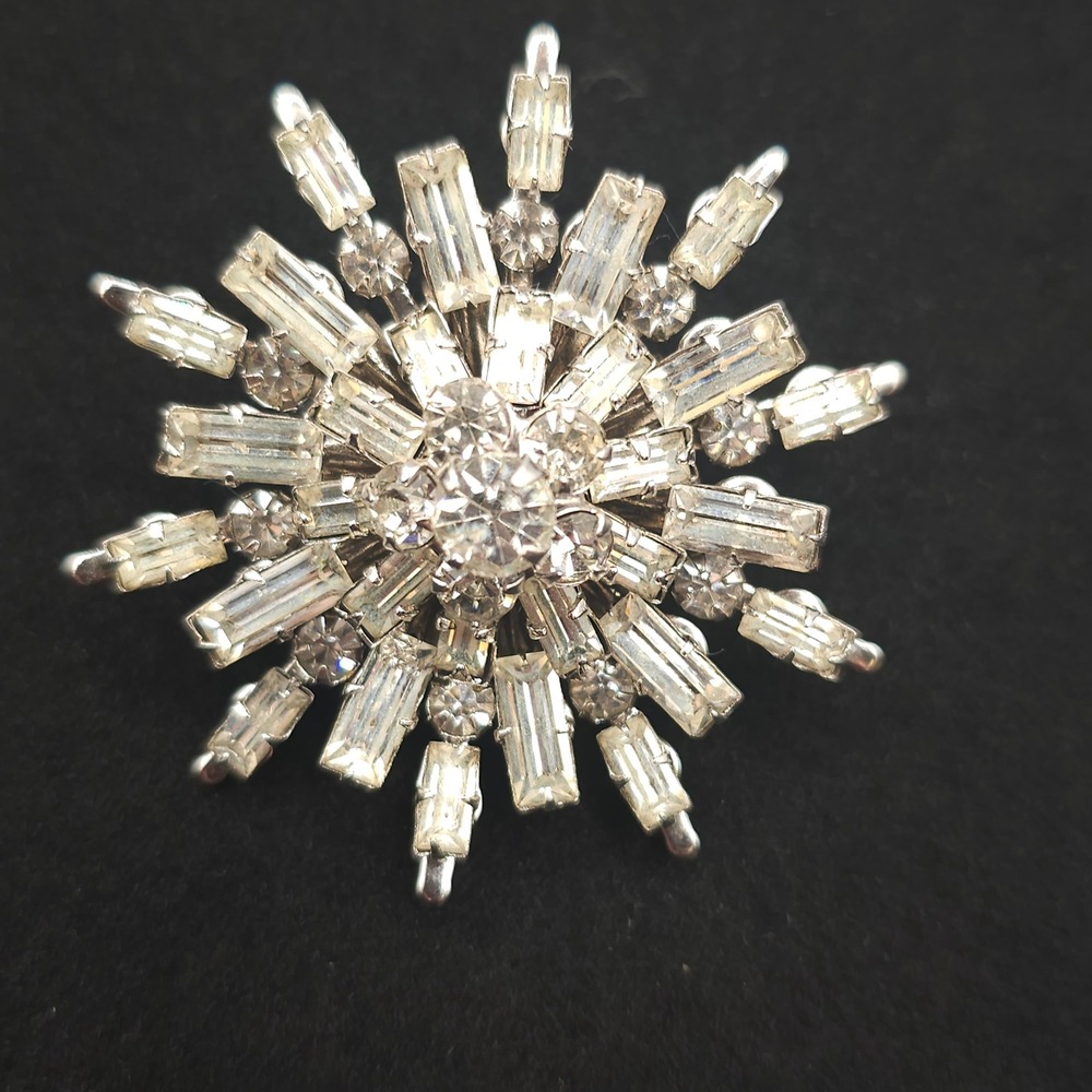 Vintage Starburst Brooch Clear Silver Tone Baguette Rhinestone 1.5" Pin Formal - Picture 8 of 15
